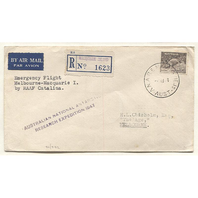 (BB15072) AUSTRALIAN ANTARCTIC TERRITORY · 1948: small envelope endorsed EMERGENCY FLIGHT MELBOURNE - MACQUARIE I. by RAAF CATALINA · mailed by registered post from there to Melbourne via New Zealand · AAMC #1189 · rare item!