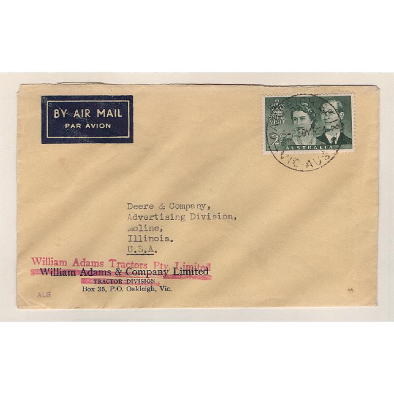 (BB15079) AUSTRALIA · 1954: commercial air mail cover to USA with single 2/- QEII Royal Visit commemorative franking · uncommon single franking in my experience · $5 STARTER!!