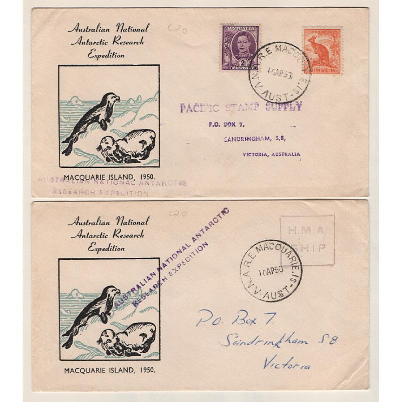 (BB15084) MACQUARIE ISLAND · 1950 (April 10th): cacheted cover mailed to VIC · also similar cover without franking h/stamped H.M.A. SHIP · both items in excellent condition (2)