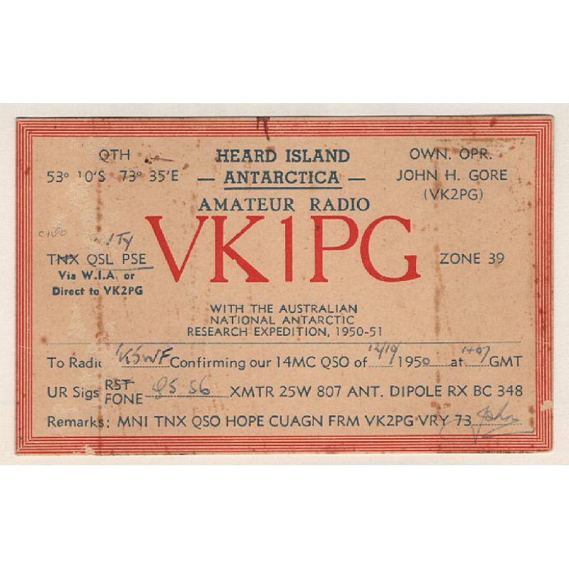 (BB15085) HEARD ISLAND · 1950: used QSL card from amateur radio operator stationed at the base on the island · some stains, etc. but quite displayable · rare survivor