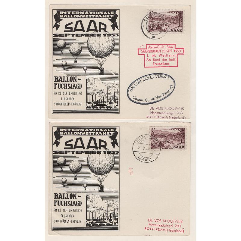 (BB15087) SAAR · 1953: cacheted souvenir card for flight by balloon "Jules Verne" from Saarbrücken to Ensheim in The Netherlands · also identical card flown from Blieskastel