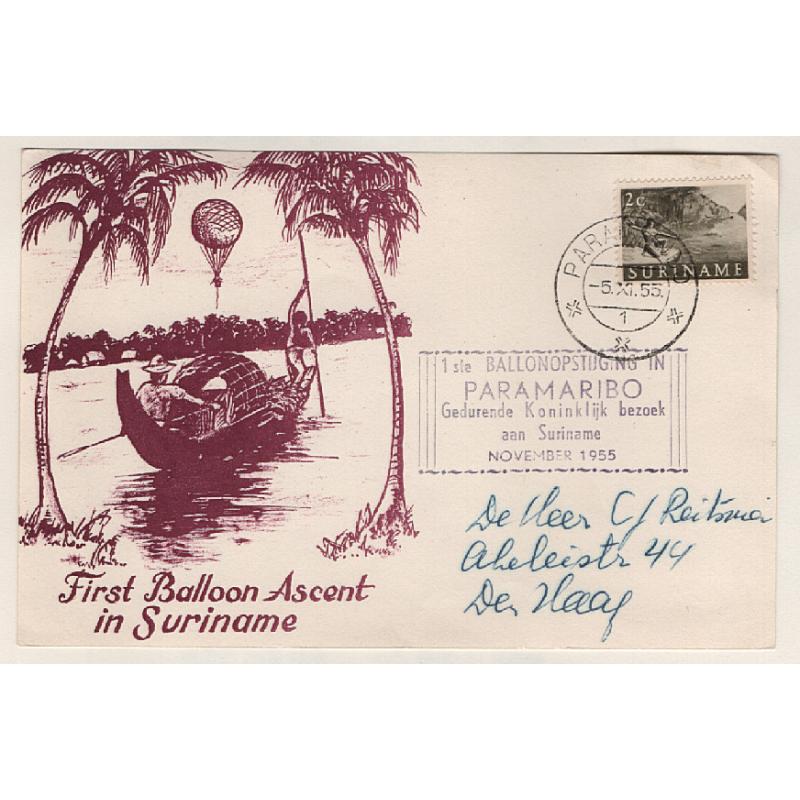 (BB15088) SURINAME · 1955 (Nov 5th): souvenir cacheted card carried on "First Balloon Ascent in Suriname" · fine condition