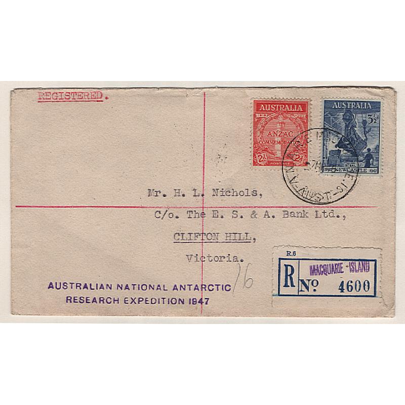 (BB15091) MACQUARIE ISLAND · 1948: registered cover mailed to Melbourne address · expedition cachet and provisional registration label used · excellent condition · transit and arrival b/stamps