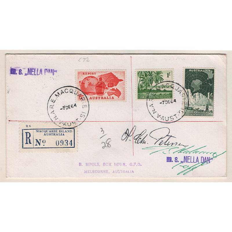 (BB15092) MACQUARIE ISLAND · 1964: registered cover mailed to Melbourne address · signed by crew members of m.s. "NELLA DAN" with 2 impressions of ship's h/s · fine condition