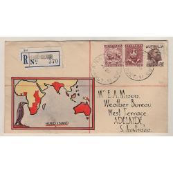 (BB15100) AUSTRALIAN ANTARCTIC TERRITORY · 1951: registered cover to Adelaide mailed from HEARD ISLAND · illustration by Jack Peake · excellent condition · ANARE h/stamps on verso (2 images)