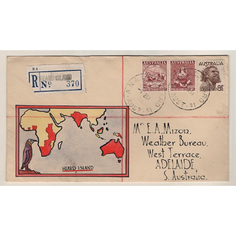 (BB15100) AUSTRALIAN ANTARCTIC TERRITORY · 1951: registered cover to Adelaide mailed from HEARD ISLAND · illustration by Jack Peake · excellent condition · ANARE h/stamps on verso (2 images)