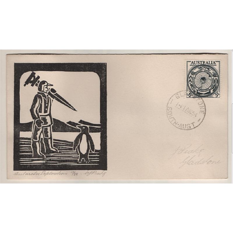 (BB15104) AUSTRALIA · 1954 (Nov 17th): FDC for the 3½d ANARE commemorative issue with woodblock printed cachet by Jack Peake · numbered 17 of 38 · VF condition