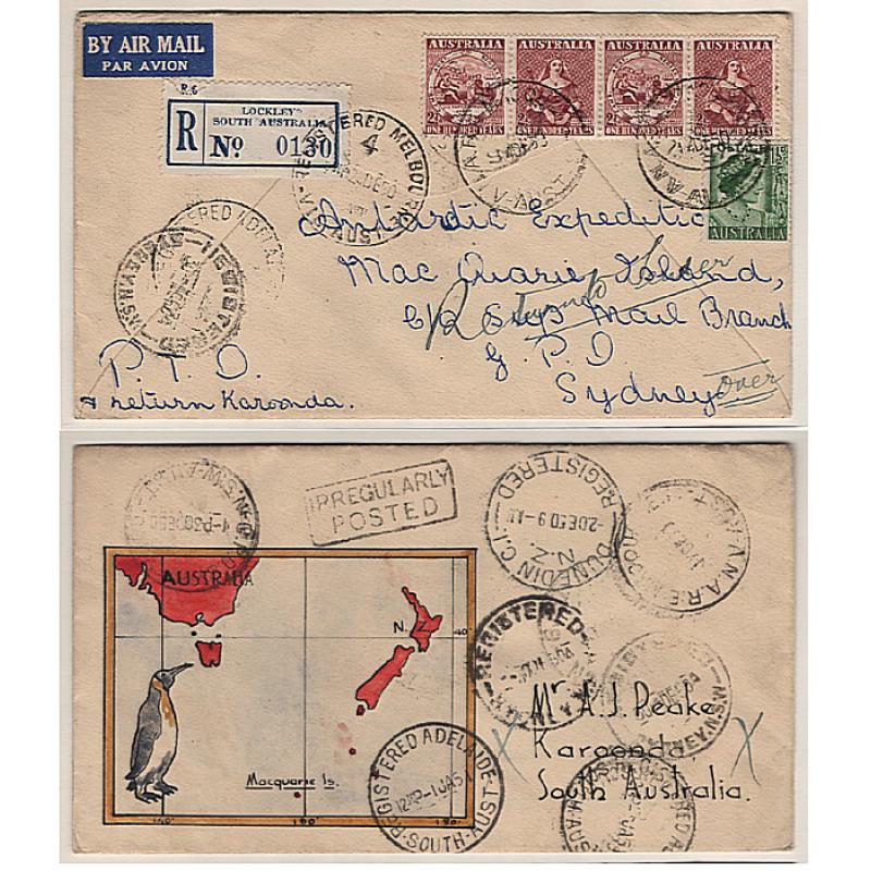 (BB15105) AUSTRALIAN ANTARCTIC TERRITORY · 1950: registered cover to Karoonda SA mailed from MACQUARIE ISLAND to Sydney · illustrated on back by Jack Peake · appears to have been registered in transit · returned to sender · nice condition