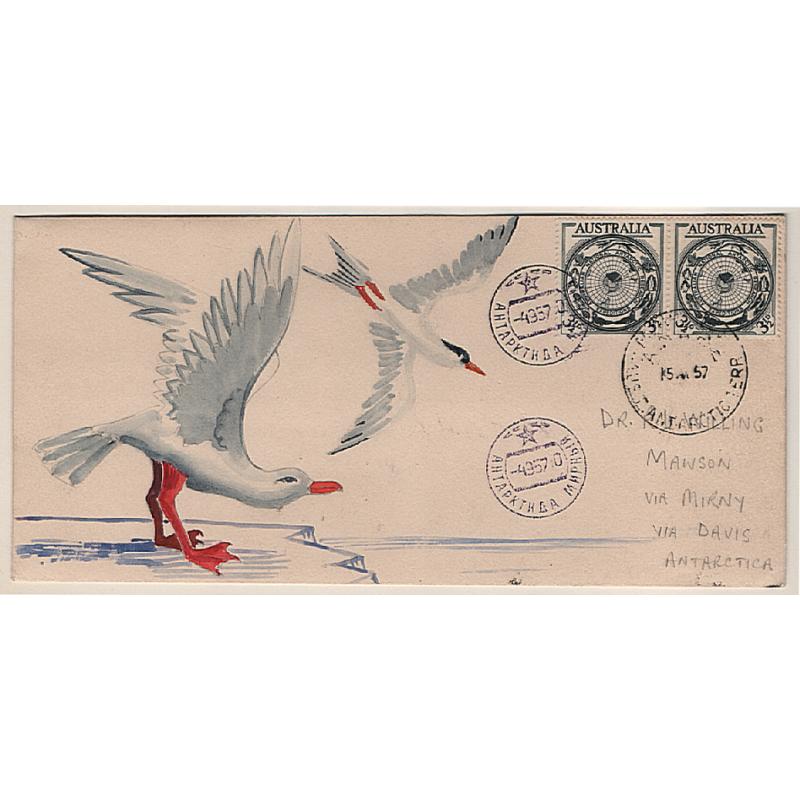 (BB15107) AUSTRALIAN ANTARCTIC TERRITORY · 1957: cover illustrated by Jack Peake flown from MAWSON BASE to Soviet Base at MIRNY and then on to DAVIS · signed by pilot on back · F to VF condition