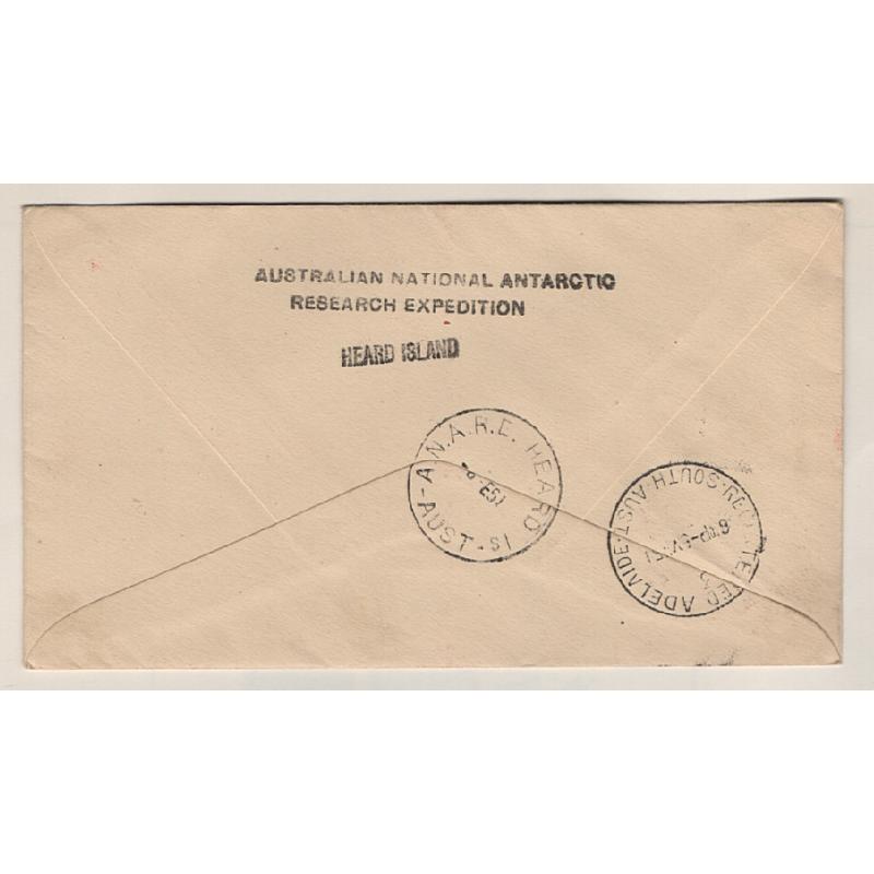 (BB15108) AUSTRALIAN ANTARCTIC TERRITORY · 1951: registered cover to Adelaide mailed from HEARD ISLAND illustrated by Jack Peake · fine condition (2 images)