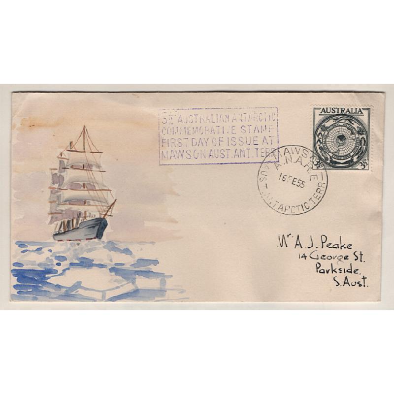 (BB15110) AUSTRALIAN ANTARCTIC TERRITORY · 1955: illustrated FDC by Jack Peake for 3½d ANARE commem on day of issue at MAWSON BASE · fine condition