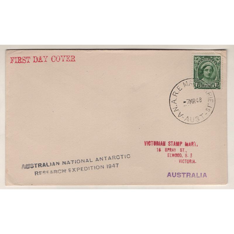 (BB15115) MACQUARIE ISLAND · 1948: souvenir cover with ANARE 1947 cachet mailed from MACQUARIE ISLAND with a fine strike of the base cds postmark · VF condition