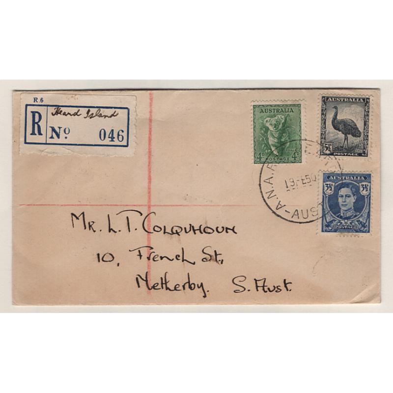 (BB15116) HEARD ISLAND · 1950: registered cover with provisional label mailed to South Australia from HEARD ISLAND · excellent condition · b/stamps "document" the journey