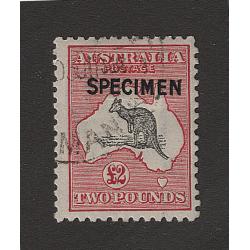 (BB15124) AUSTRALIA · 1919: £2 black & rose Roo (3rd wmk) with Type B SPECIMEN overprint BW 56Ax · c.t.o. in Tasmania! · full gum with hinge remnant · c.v. AU$600 for "normal" (2 images)
