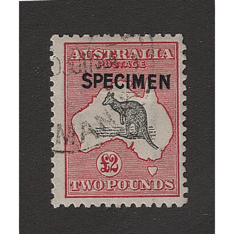 (BB15124) AUSTRALIA · 1919: £2 black & rose Roo (3rd wmk) with Type B SPECIMEN overprint BW 56Ax · c.t.o. in Tasmania! · full gum with hinge remnant · c.v. AU$600 for "normal" (2 images)