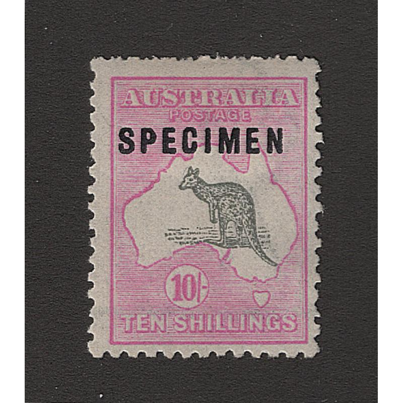(BB15126) AUSTRALIA · 1916: 10/- grey & pale aniline-pink Roo (3rd wmk) optd SPECIMEN (Type C) BW 48Exb · poorly cut perfs at top · clean gum with hinge remnant · c.v. AU$3250 (2 images)