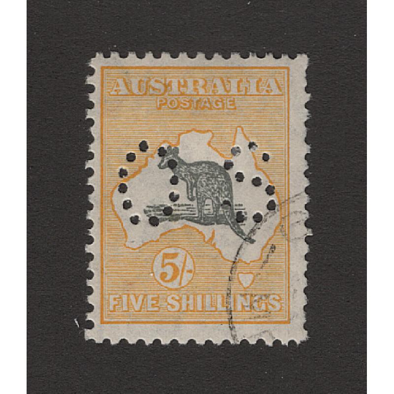 (BB15132) AUSTRALIA · 1929: CTO 5/- grey & yellow-orange Roo (SM Wmk) perf OS BW 45Awb · see full description · c.v. AU$250 (2 images)