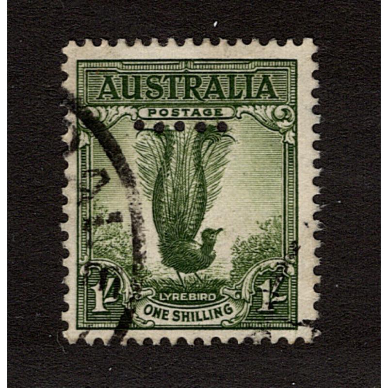 (BB15135) TASMANIA · 1950s: used 1/- Lyrebird defin (no wmk) with vertical bar of T perfin absent ..... the lunch bell must have rang ... excellent condition · $5 STARTER!!