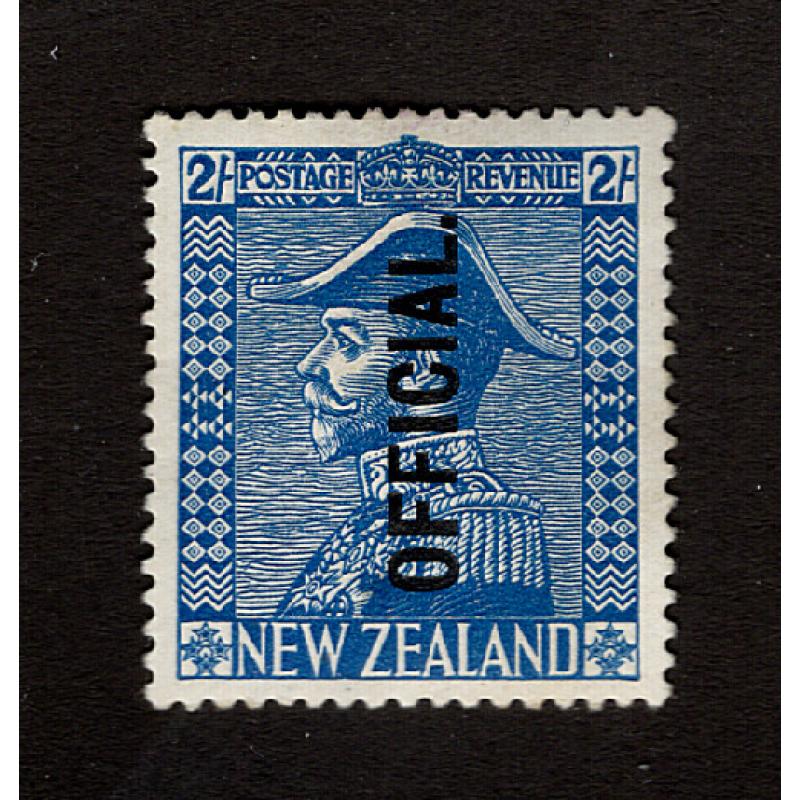 (BB15139) NEW ZEALAND · 1928: mint 2/- light blue KGV Admiral optd OFFICIAL SG O112 · clean hinge remnant and pencilled annotation on back · fine fresh appearance from money side · c.v. £130 (2 images)