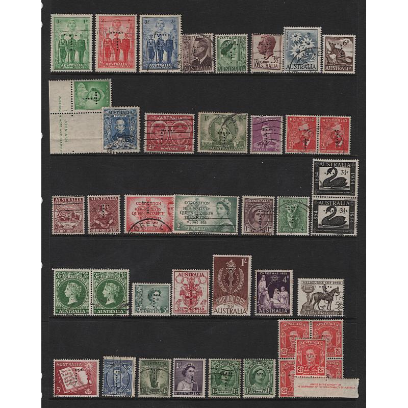 (BB15145L) TASMANIA · 1940s/50s: Hagner housing a selection of T perfins on definitive and commemorative stamps of the period · includes mint · noted quite a few scarcer · mixed condition · 41 stamps