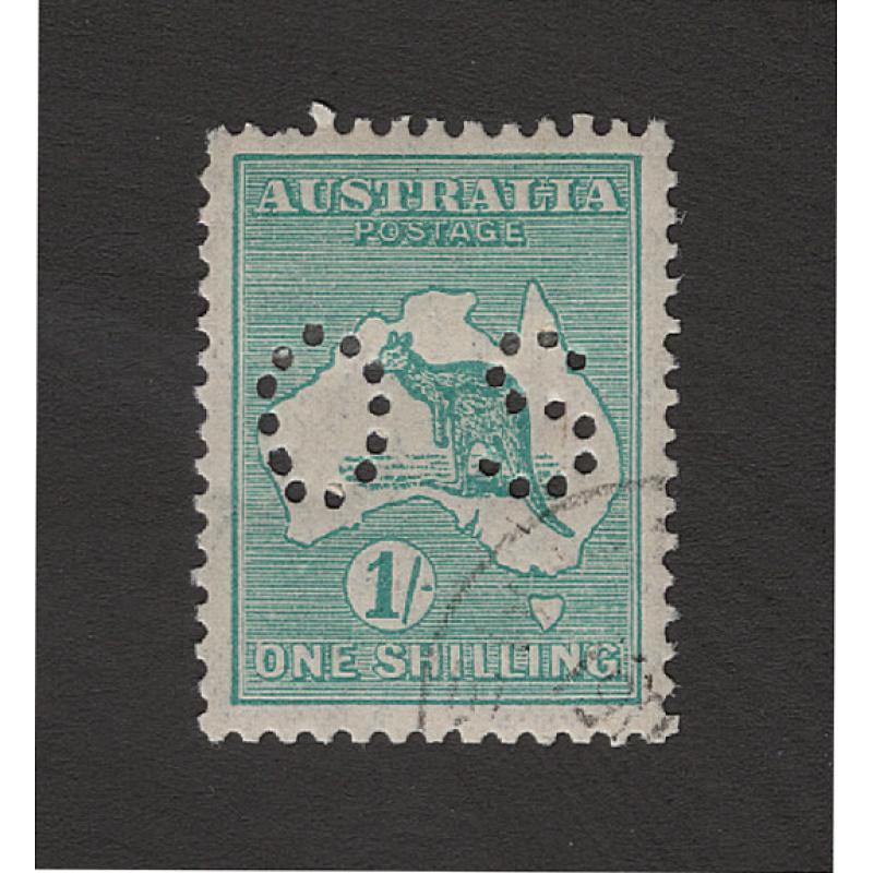 (BB15160) AUSTRALIA · 1929: c.t.o. 1/- blue-green Roo (SM Wmk) perf OS BW 34Awa · clean hinge remnant and gum · c.v. AU$60 (2 images)