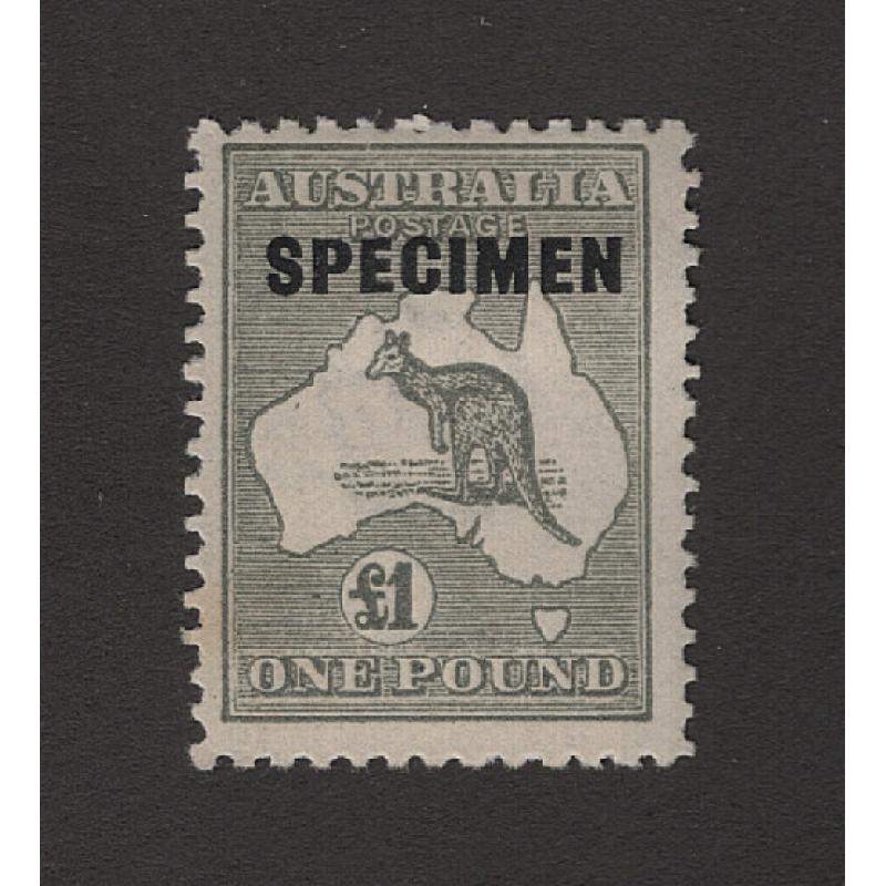 (BB15163) AUSTRALIA · 1924: MH £1 grey Roo (3rd Wmk) with Type D SPECIMEN o/print BW 53Axh · small "spot" of light gum toning on left side · c.v. AU$375