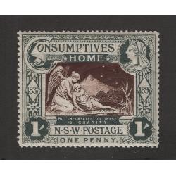 (BB15165) NEW SOUTH WALES · 1897:mint 1d(1/-) green & brown Consumptives Home charity stamp SG 280 · a couple of shortish perfs and some gum glazing but a very collectable example · c.v. £55 · see both largest images