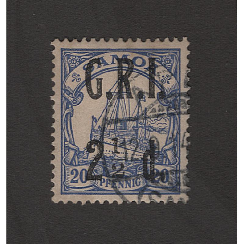 (BB15166) NEW ZEALAND OCCUPATION OF GERMAN SAMOA · 1914: used 20pf ultra Kaiser's Yacht surcharged 2½d and optd G.R.I. SH 104 in excellent condition · c.v. £14 · $5 STARTER!!