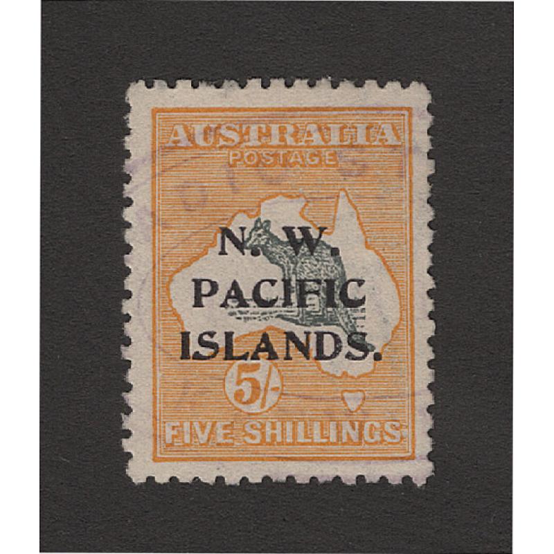 (BB15167) N.W. PACIFIC ISLANDS · 1919: 5/- grey & yellow Roo (2nd Wmk) with Type B overprint SG 92 lightly cancelled with light RADIO STATION oval datestamp · nice condition · c.v. £120