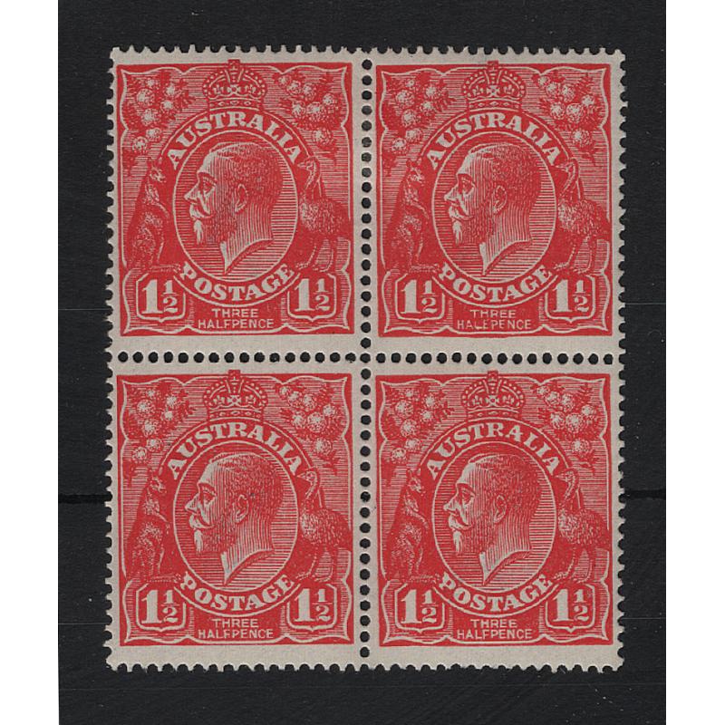 (BB15171) AUSTRALIA · 1925: M/MNH block of 4x 1½d scarlet KGV defins (S Wmk) both RH units with major varieties 'HALEPENCE' and 'THIN RA RETOUCH' BW 89(22)i,j · see full description · c.v. as 'singles' AU$100 (2 images)