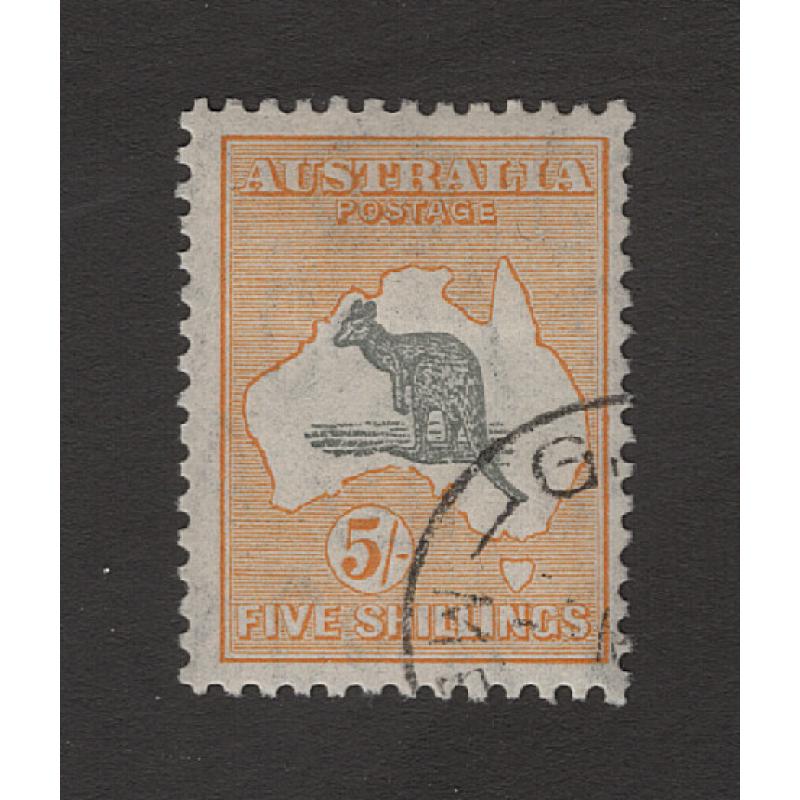 (BB15172) AUSTRALIA · 1932: c.t.o. 5/- grey & yellow-buff Roo (CofA Wmk) BW 46Cw · clean hinge remnant · excellent gum · nice appearance · c.v. AU$60