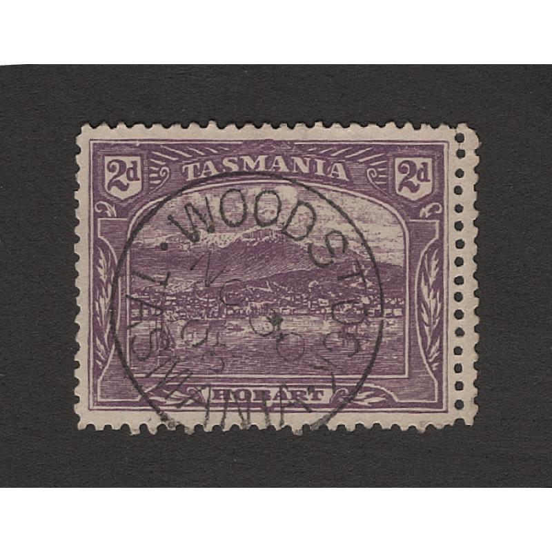 (BB15175) TASMANIA · 1908: finely used 2d plum Pictorial (Crown/A wmk · perf.12½) with a DOUBLE PERF BW T39Bb · clear strike of WOODSTOCK Type 1 cds rated S-(4) · c.v. AU$75