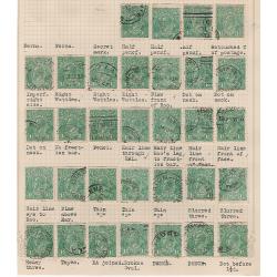 (BB15178L) AUSTRALIA · 1923/24: 2 trimmed album pages with 63x used 1½d green KGV defins with varieties/flaws (major minor and imagined) as described by the collector · condition is a little mnixed · please view both largest images (63)