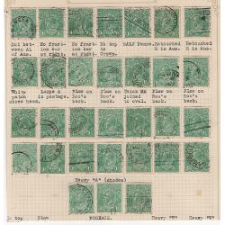 (BB15178L) AUSTRALIA · 1923/24: 2 trimmed album pages with 63x used 1½d green KGV defins with varieties/flaws (major minor and imagined) as described by the collector · condition is a little mnixed · please view both largest images (63)