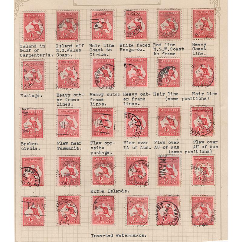 (BB15179L) AUSTRALIA · 1913/14: trimmed album page housing 30x mounted used 1d Roos with varieties/flaws (major, minor and imagined) described by the collector · condition is a little mixed · please view both largest images (30)