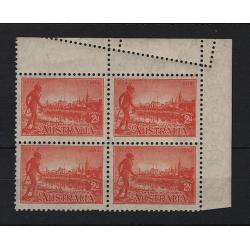 (BB15186) AUSTRALIA · 1934: MNH corner block of 4x 2d orange-vermilion VIC Centenary Perf.10½ SG 147 with angled mis-perforations in top selvedge