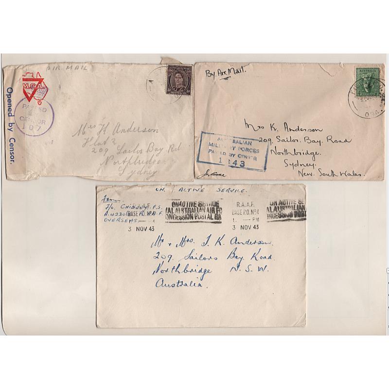 (BB15189) AUSTRALIA · 1943/45: 6x 'On Active Service' covers (with and without stamps) all but one to same NSW address · usual mixed condition but all still have 'a life' · censor h/s or pmk interest possible (2 images)