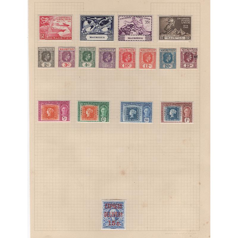 (BB15196L) MAURITIUS · 1858/1965: mint/used collection on 5 album leaves in a mixed condition · some useful items with KGVI/early QEII era short sets · later issues mainly mint · 120 stamps (5 images)