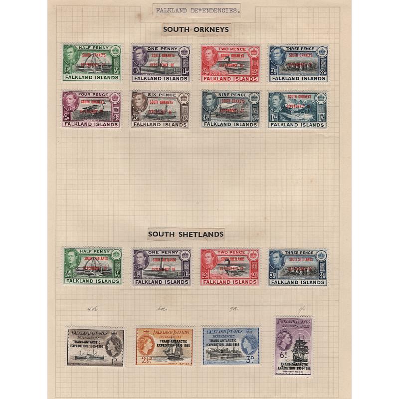(BB15200L) FALKLAND ISLANDS and DEPENDENCIES · 1891/1963: a mostly mint collection of 125 stamps mounted on 6 album pages · condition a little mixed but some useful items can be found · a few "short sets", etc (6 images)