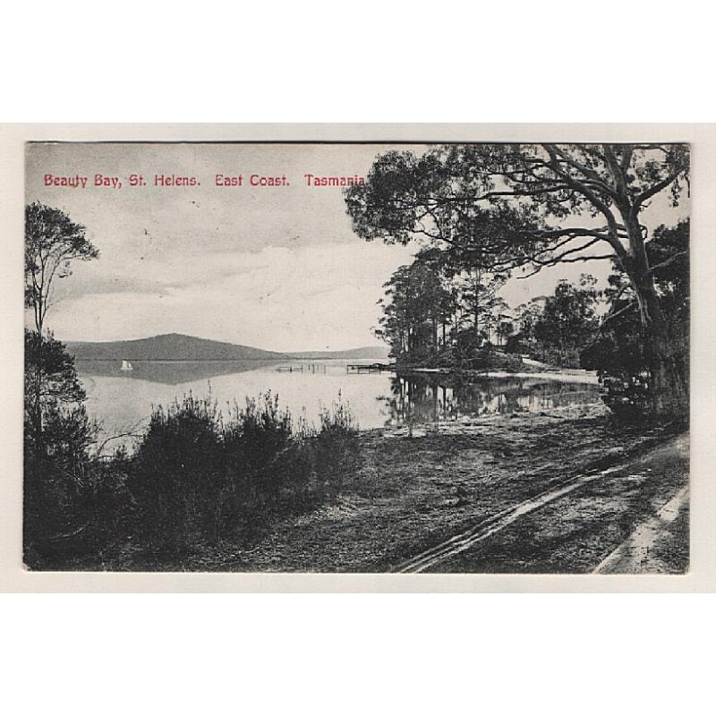 (BB15204) TASMANIA · 1907: b&w card by Spurling & Son (unnumbered) w/view of BEAUTY BAY, ST HELENS · mailed at SCAMANDER to STEPPES with clear postmarks (Conara transit) · nice condition