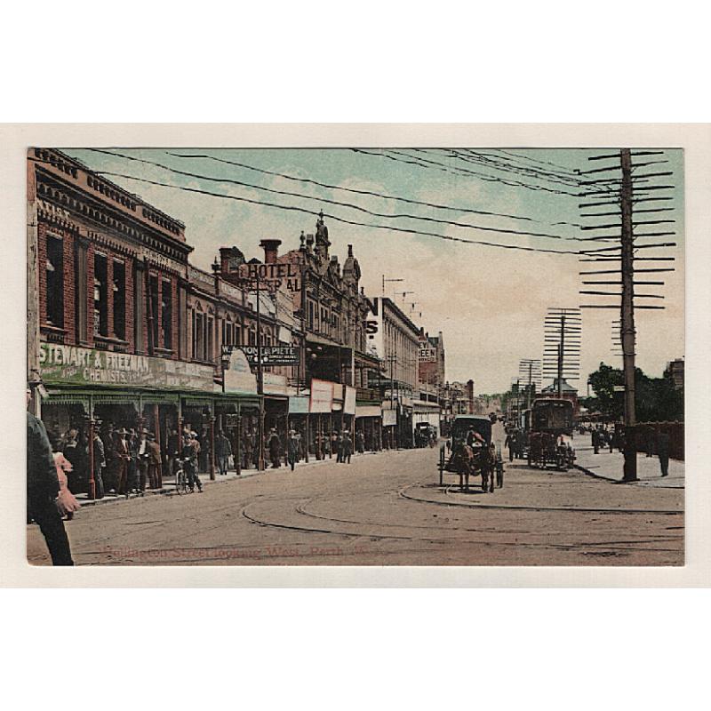 (BB15206) WESTERN AUSTRALIA  1907: Falk & Co. colour card w/street view of Perth · sender states "this is the street running past out Central Rly. Station" · postally used to Tasmania · excellent example