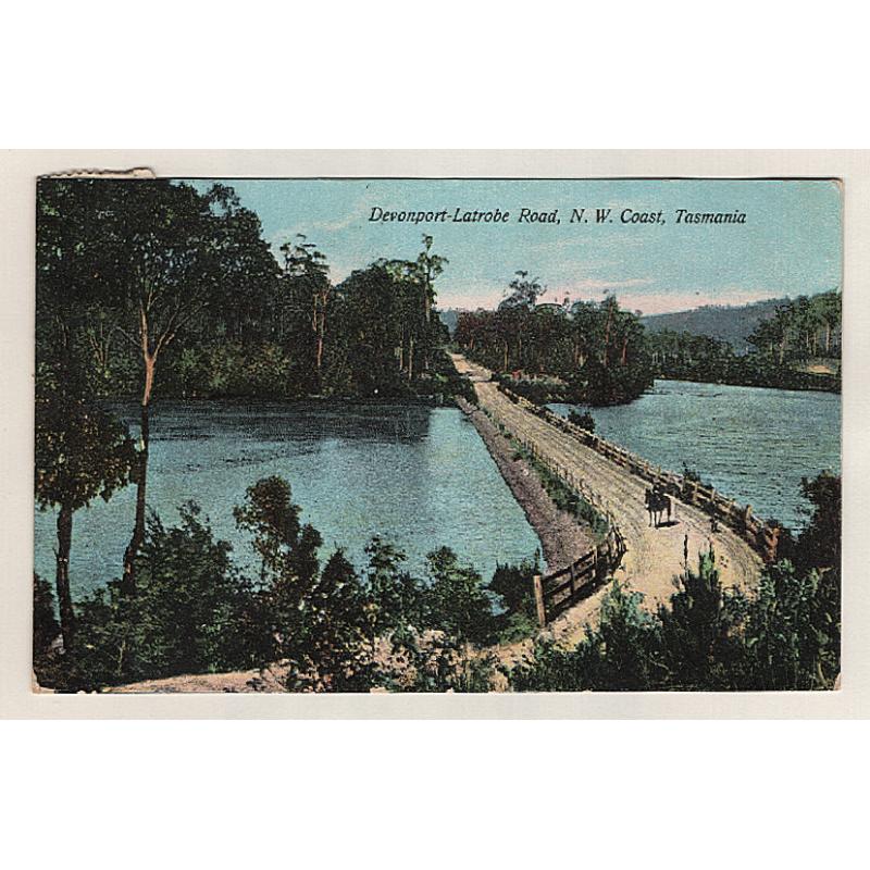 (BB15210) TASMANIA · 1908: colour card by Birchall's w/view of DEVONPORT-LATROBE ROAD (with tide in!) · postally used and in an excellent to fine condition
