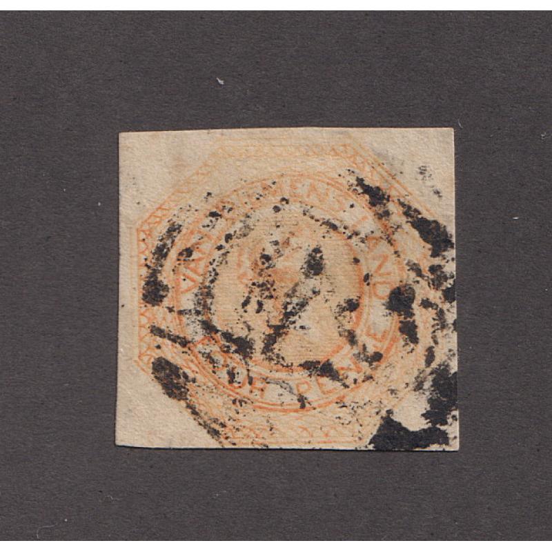 (BB1703) TASMANIA · 1850s: 4 margin worn Plate I 4d orange Courier SG8 with two repaired corners bearing a discernible strike of BN56 used at SPRING BAY rated R