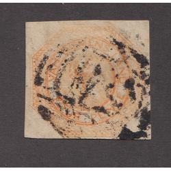 (BB1703) TASMANIA · 1850s: 4 margin worn Plate I 4d orange Courier SG8 with two repaired corners bearing a discernible strike of BN56 used at SPRING BAY rated R