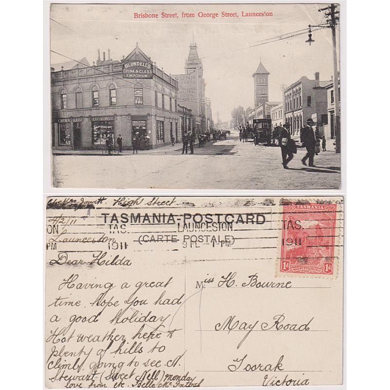(BB1731) TASMANIA · 1911: excellent impression of the first Launceston machine canceller on a PPC w/view BRISBONE (sic.) STREET FROM GEORGE STREET LAUNCESTON · see largest image