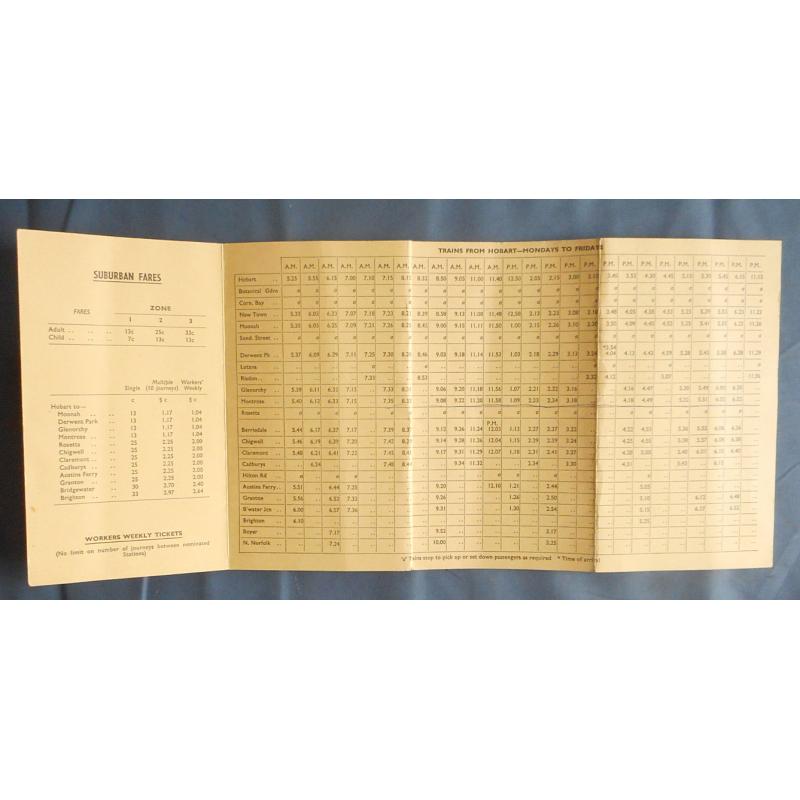 (BB1732) TASMANIA · 1972: Tasmanian Government Railways SUBURBAN TIMETABLE AND FARES · HOBART - BRIGHTON - NEW NORFOLK · excellent condition inside and out (2 images)