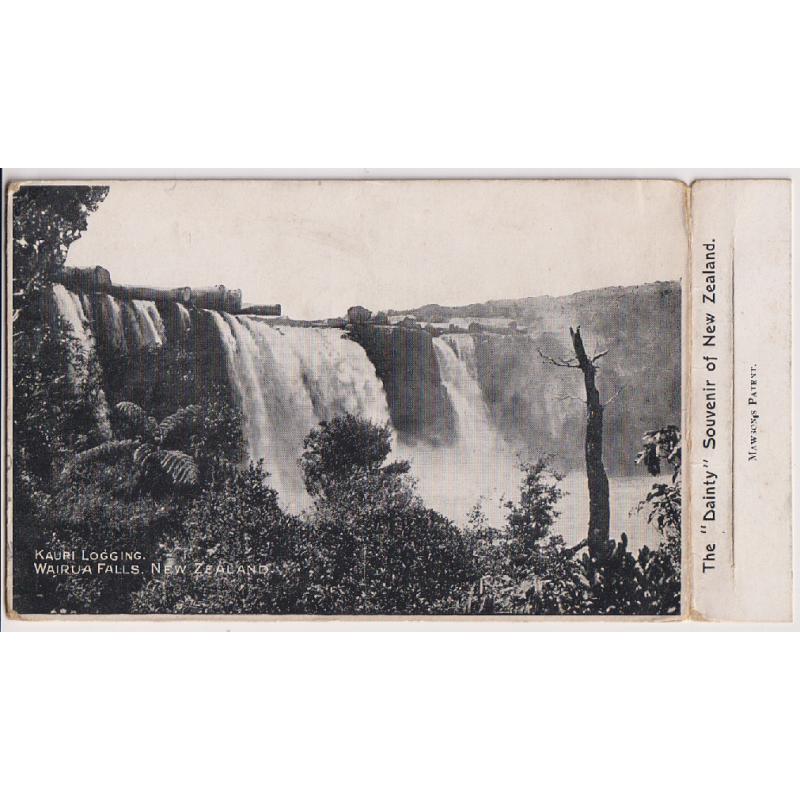 (BB1782) NEW ZEALAND · c.1910: "Dainty" bi-panel postcard the front with view KAURI LOGGING WAIRUA FALLS plus 8 miniature views inside · some minor wear however the overall condition is excellent (3 images)