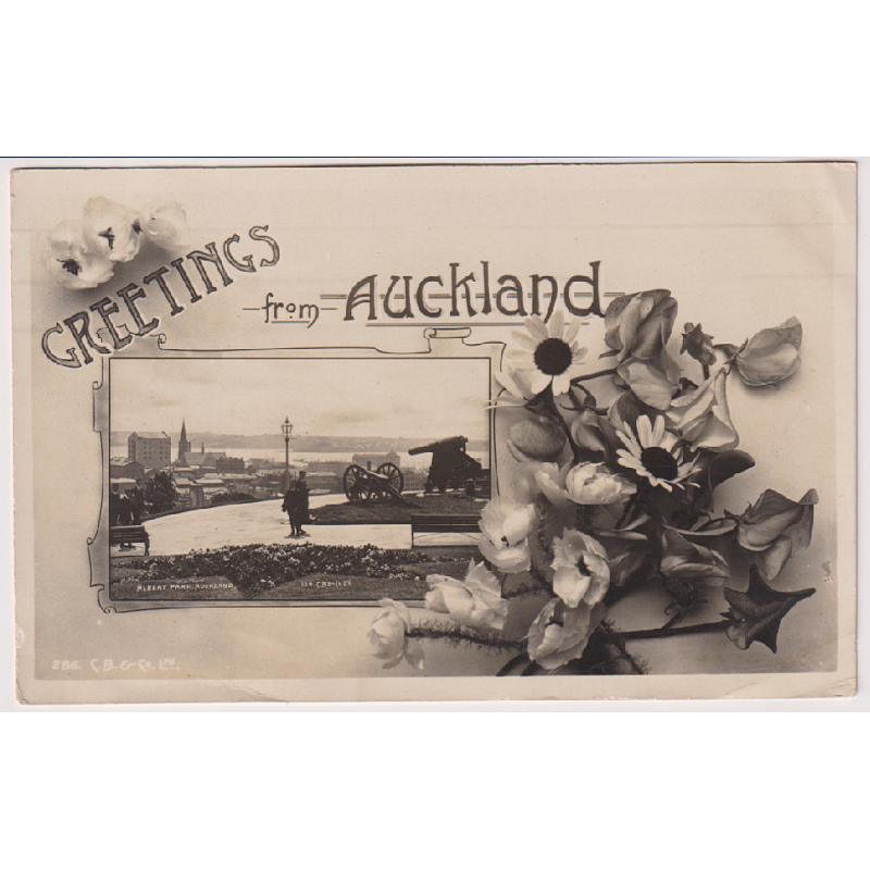 (BB1791) NEW ZEALAND · c.1910: real photo GREETINGS FROM AUCKLAND card by C.B. & Co. Ltd. w/view of city photographed by E. de Tourret · message on back but not postally used · excellent condition