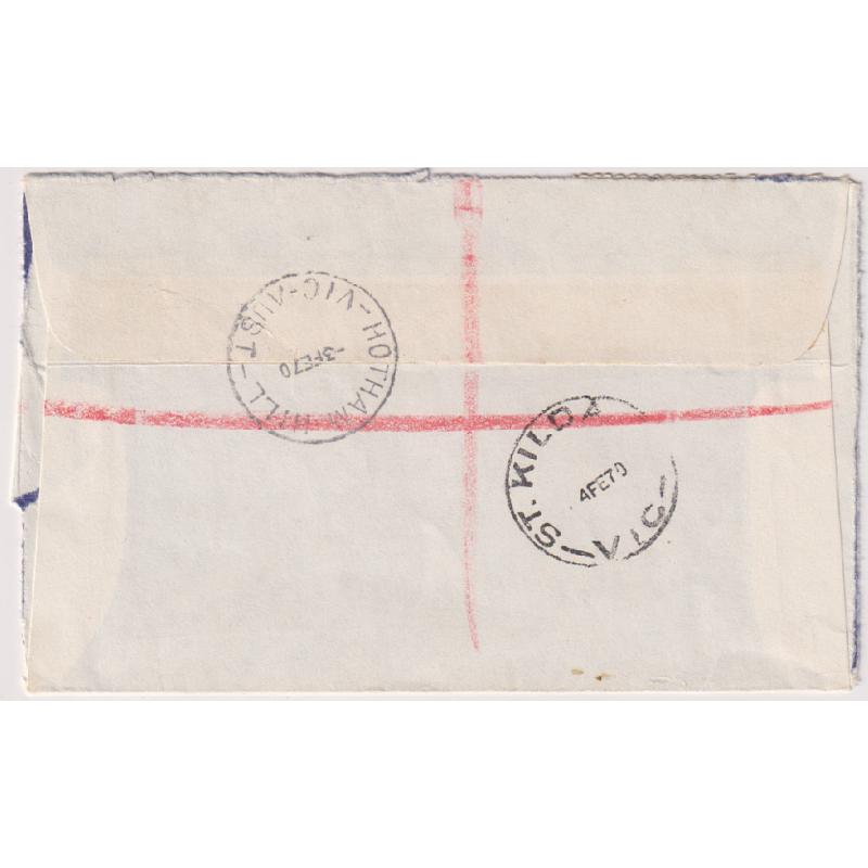 (BB1793) VICTORIA · 1970: registered commercial cover mailed at HOTHAM HILL · clear strikes of cds front/reverse with a provisional label · opened on three sides (2 images) · $5 STARTER!!