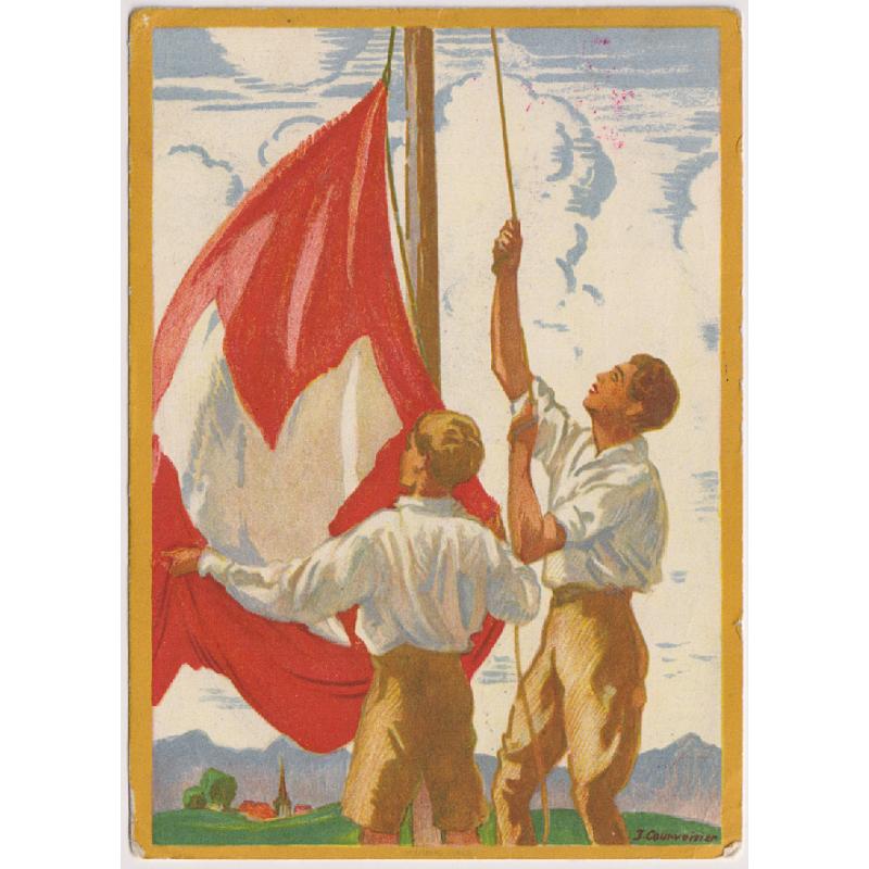 (BB1798) SWITZERLAND · 1929 (Aug 1st): cacheted Swiss National Day souvenir patriotic postcard flown by balloon to TEGERFELDEN · small paper adhesions (from covering label?) on address side o/wise in excellent condition (2 images)